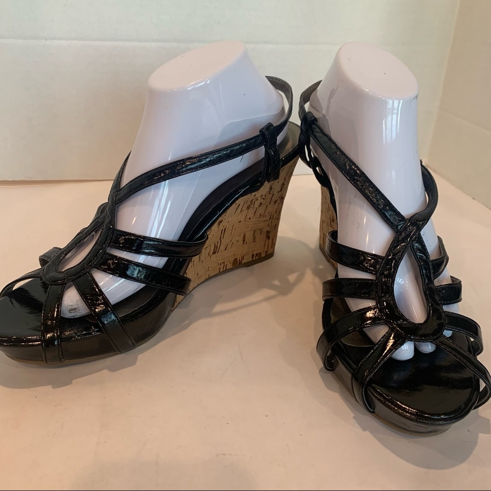 PREVIEW International size 11 black strappy wedge sandal with cork heel not worn